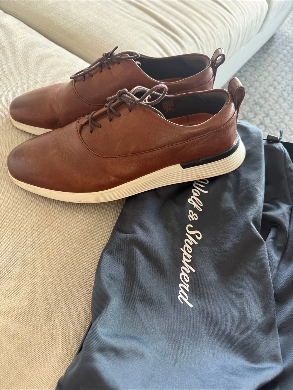 Wolf & Shepheard Brown Leather Derby Oxfords with White Sole